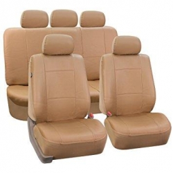 Leather imitation car seat cover set with zippers - VILKAN BARON, beige color  ― AUTOERA.LV