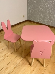 Wooden Children’s Table and Two Chairs (Bear & Bunny) / pink color ― AUTOERA.LV