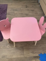 Wooden Children’s Table and Two Chairs (Bear & Bunny) / pink color